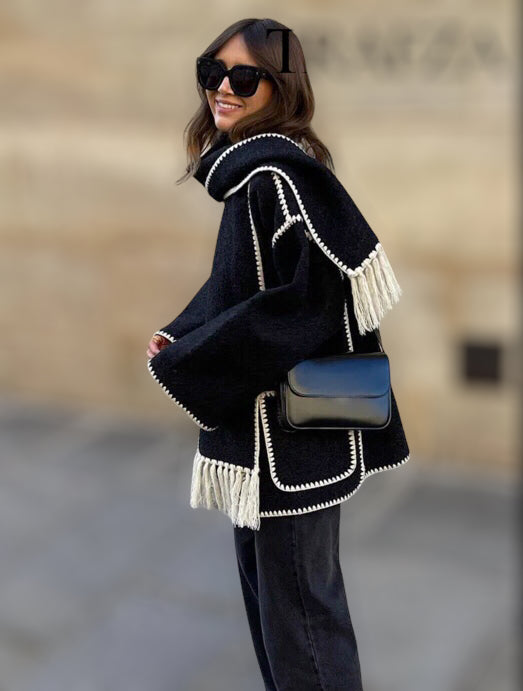 Black scarf coat O-neck long sleeves