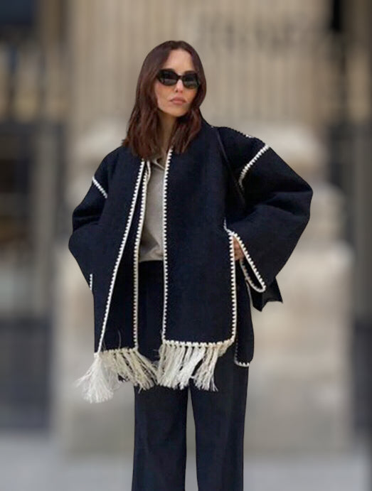Black scarf coat O-neck long sleeves
