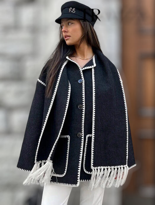 Black scarf coat O-neck long sleeves