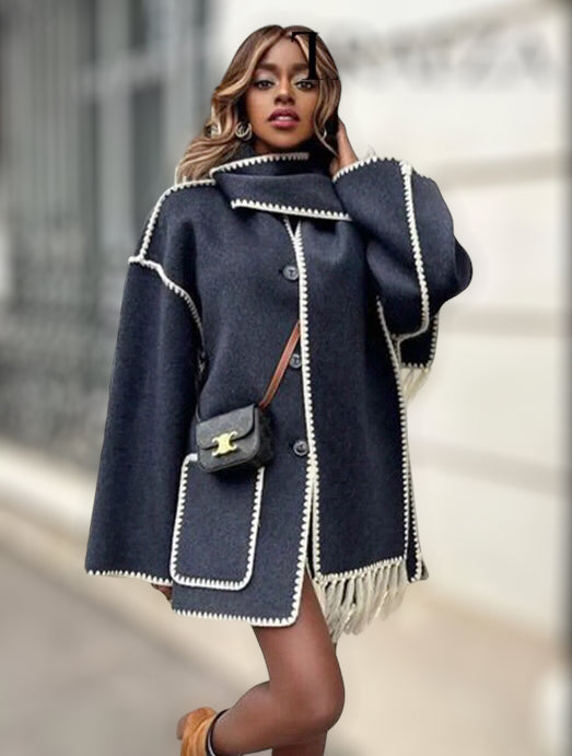 Black scarf coat O-neck long sleeves
