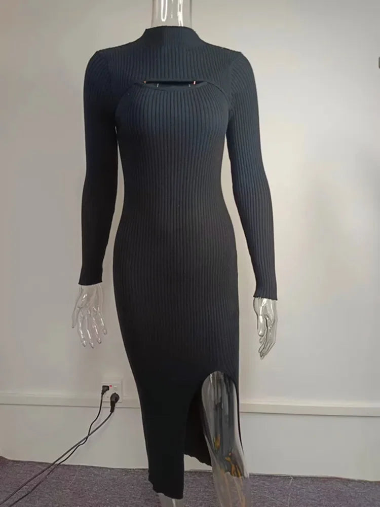 White Knitted Long Midi Dress for Autumn & Winter
