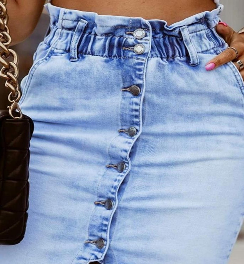 Skinny Daily Pocket Design Midi Denim Skirt.