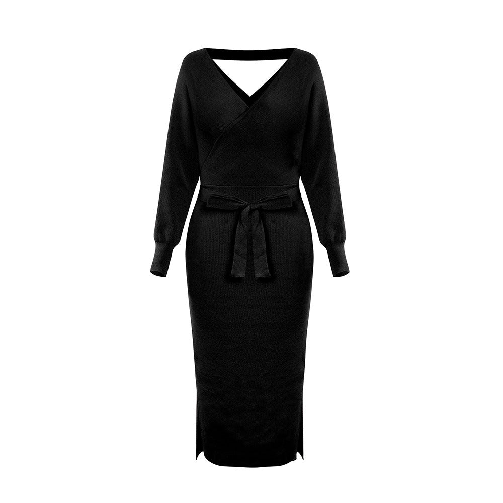 Autumn And Winter Knitted Slim Double V-Neck dress.
