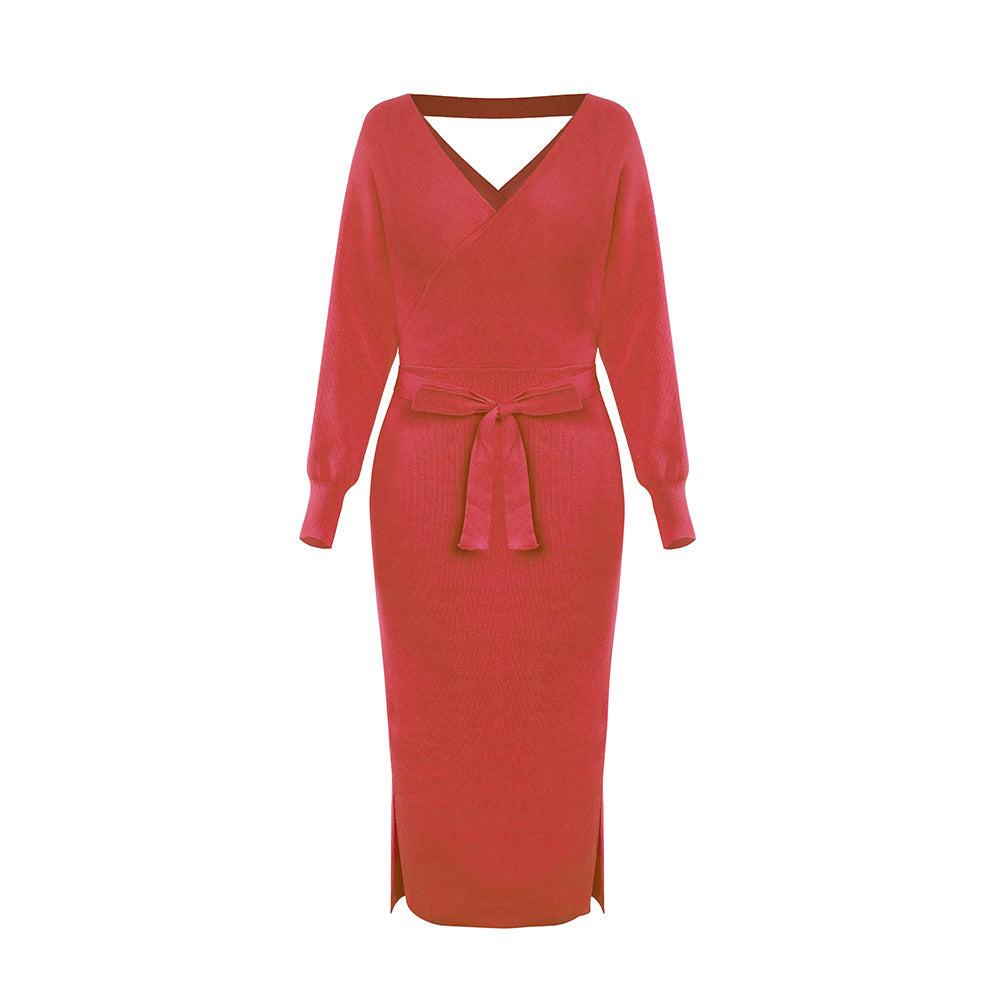 Autumn And Winter Knitted Slim Double V-Neck dress.