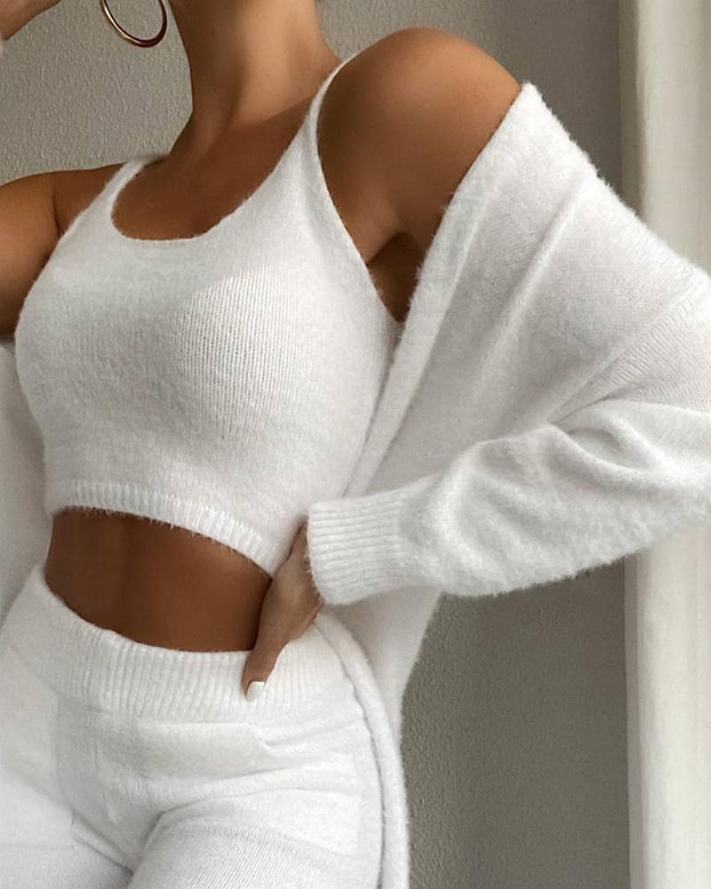 Fluffy Plain Crop Top & Skinny Pants & Longline Coat Set .