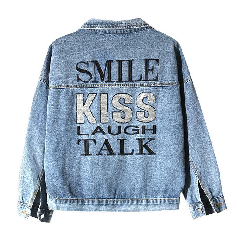 Bat-sleeve Lettering Sequins Loose Denim Jacket