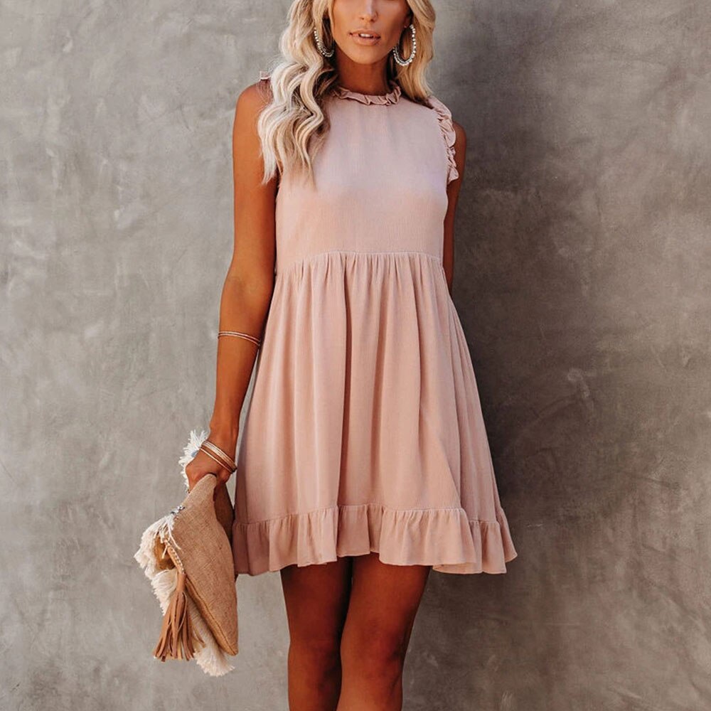 Off Shoulder A-Line Casual Women Ruffles Round Neck Sleeveless Summer Dress .