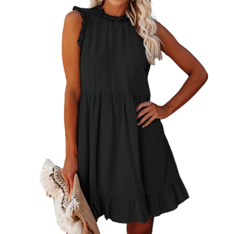 Off Shoulder A-Line Casual Women Ruffles Round Neck Sleeveless Summer Dress .