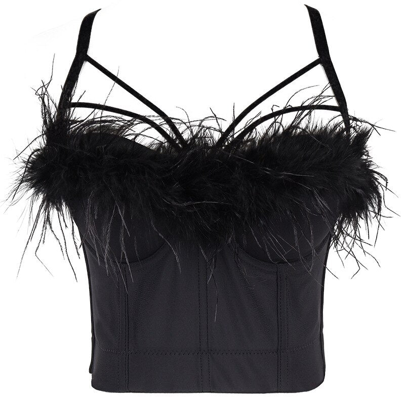 Vintage Feather Crop Tops With Cups for Women .