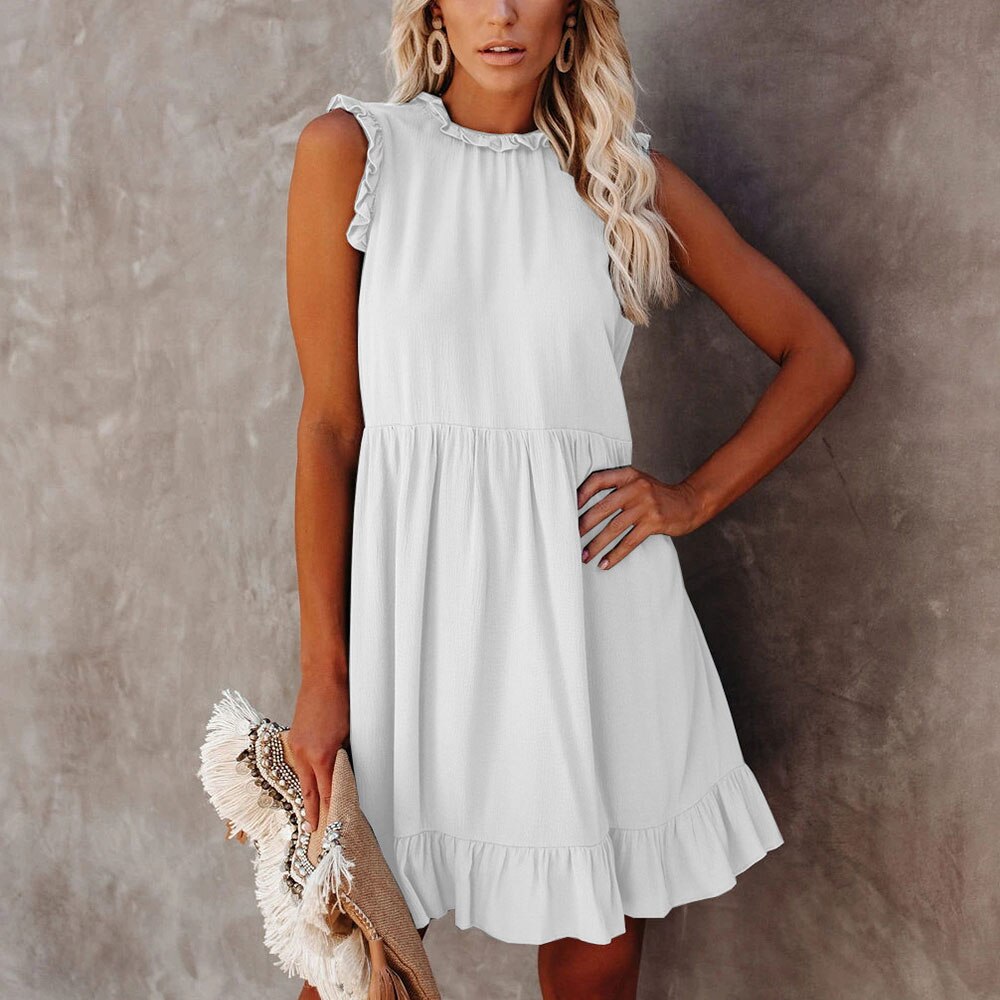 Off Shoulder A-Line Casual Women Ruffles Round Neck Sleeveless Summer Dress .