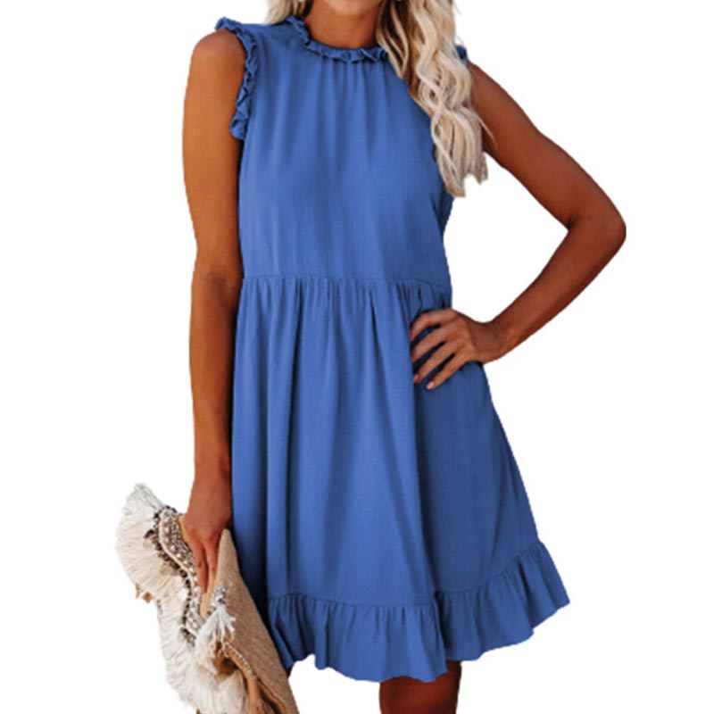 Off Shoulder A-Line Casual Women Ruffles Round Neck Sleeveless Summer Dress .