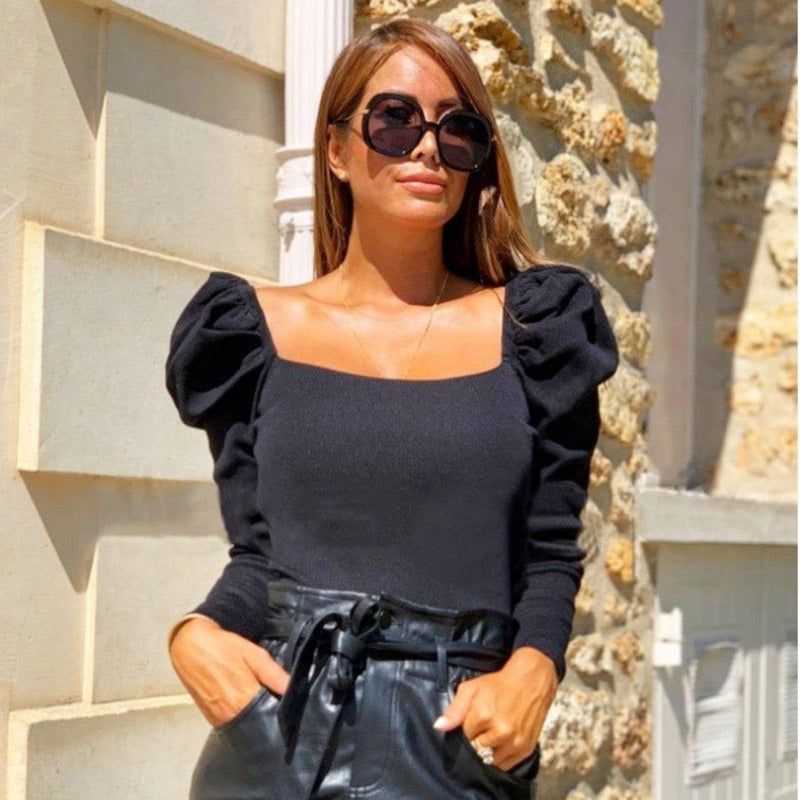 Puff Sleeves Square Collar Slim Tops