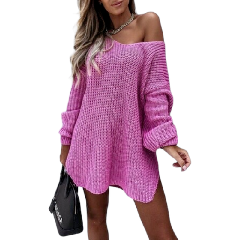 V - Neck Autumn Winter Long Sleeve Casual Loose Sweater Dress