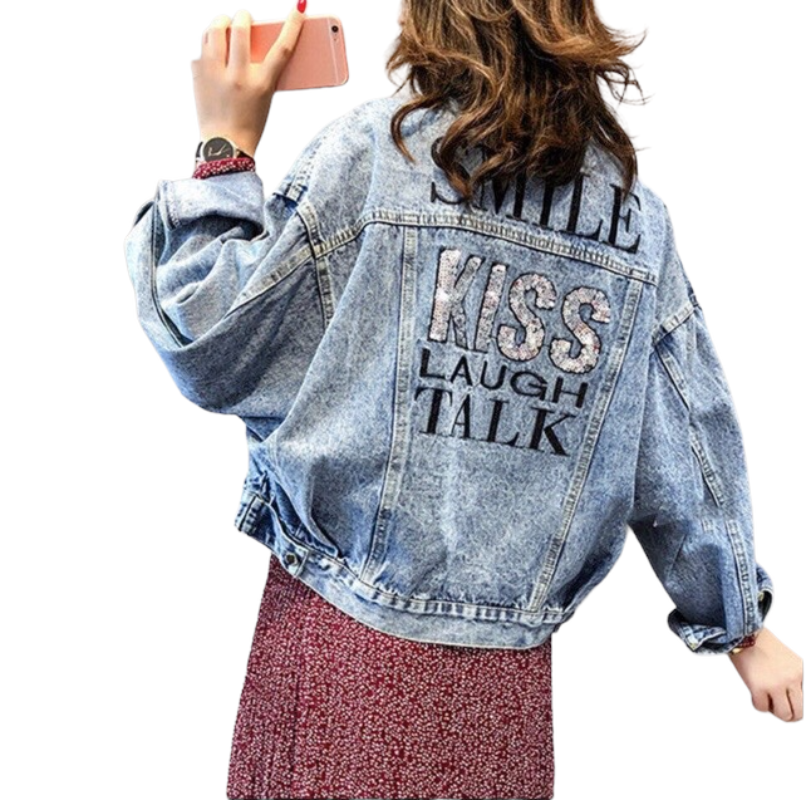 Bat-sleeve Lettering Sequins Loose Denim Jacket