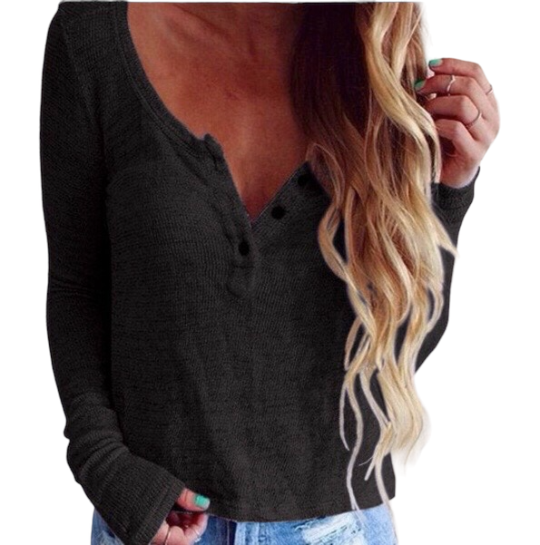 V-neck Button Threaded Long-sleeved Sweater