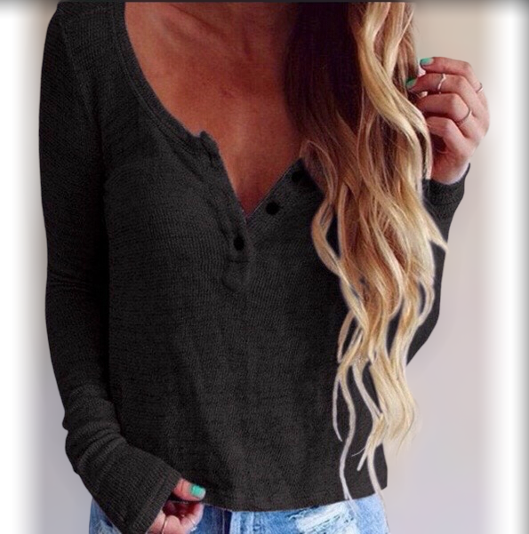 V-neck Button Threaded Long-sleeved Sweater