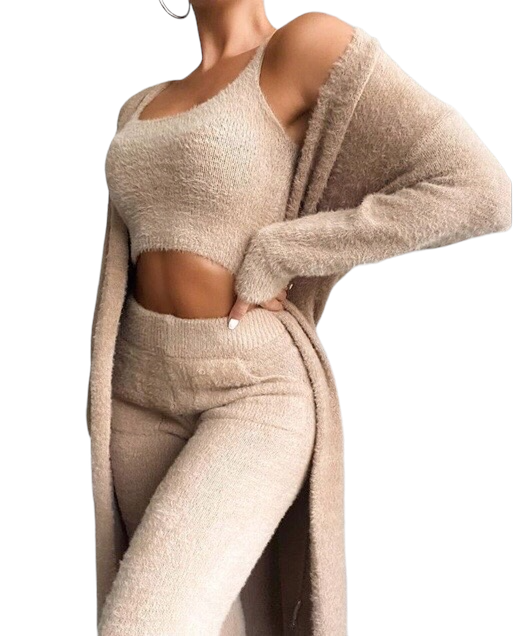 Fluffy Plain Crop Top & Skinny Pants & Longline Coat Set .