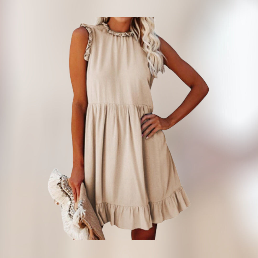 Off Shoulder A-Line Casual Women Ruffles Round Neck Sleeveless Summer Dress .