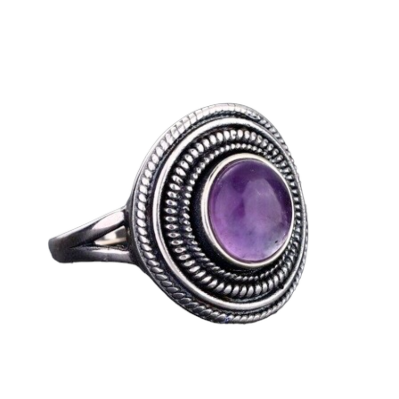 Round 8MM Natural Amethyst Silver Ring for Women