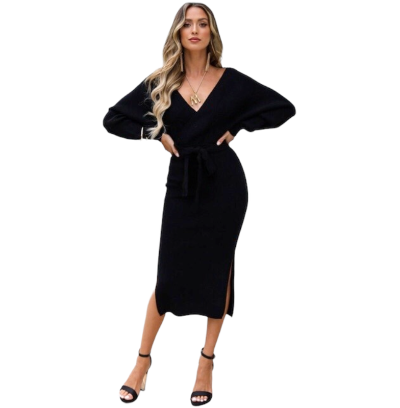 Autumn And Winter Knitted Slim Double V-Neck dress.