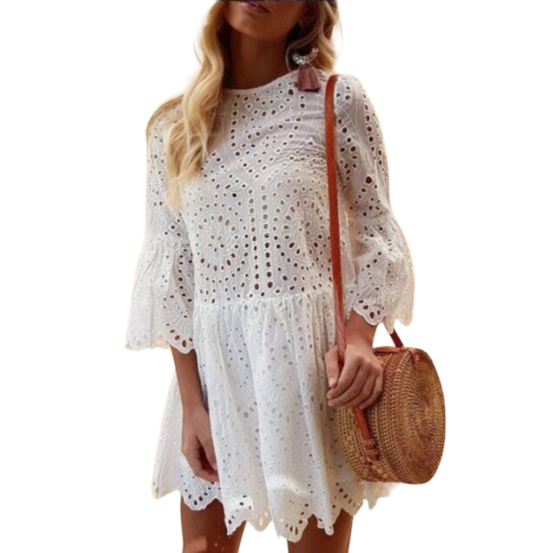 Cropped sleeve ruffled dress.