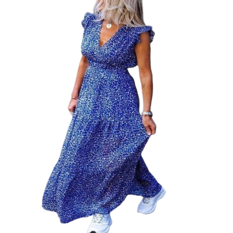 Printed wave point V-neck Ruffle sleeve dress.