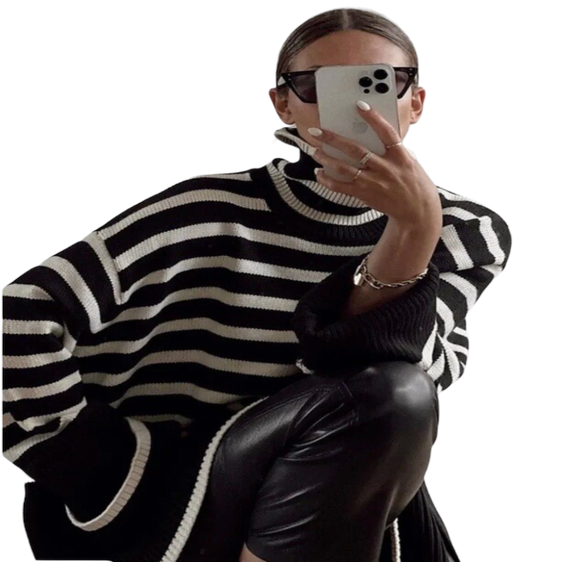Turtleneck Striped Print Loose Pullover Tops 2023.