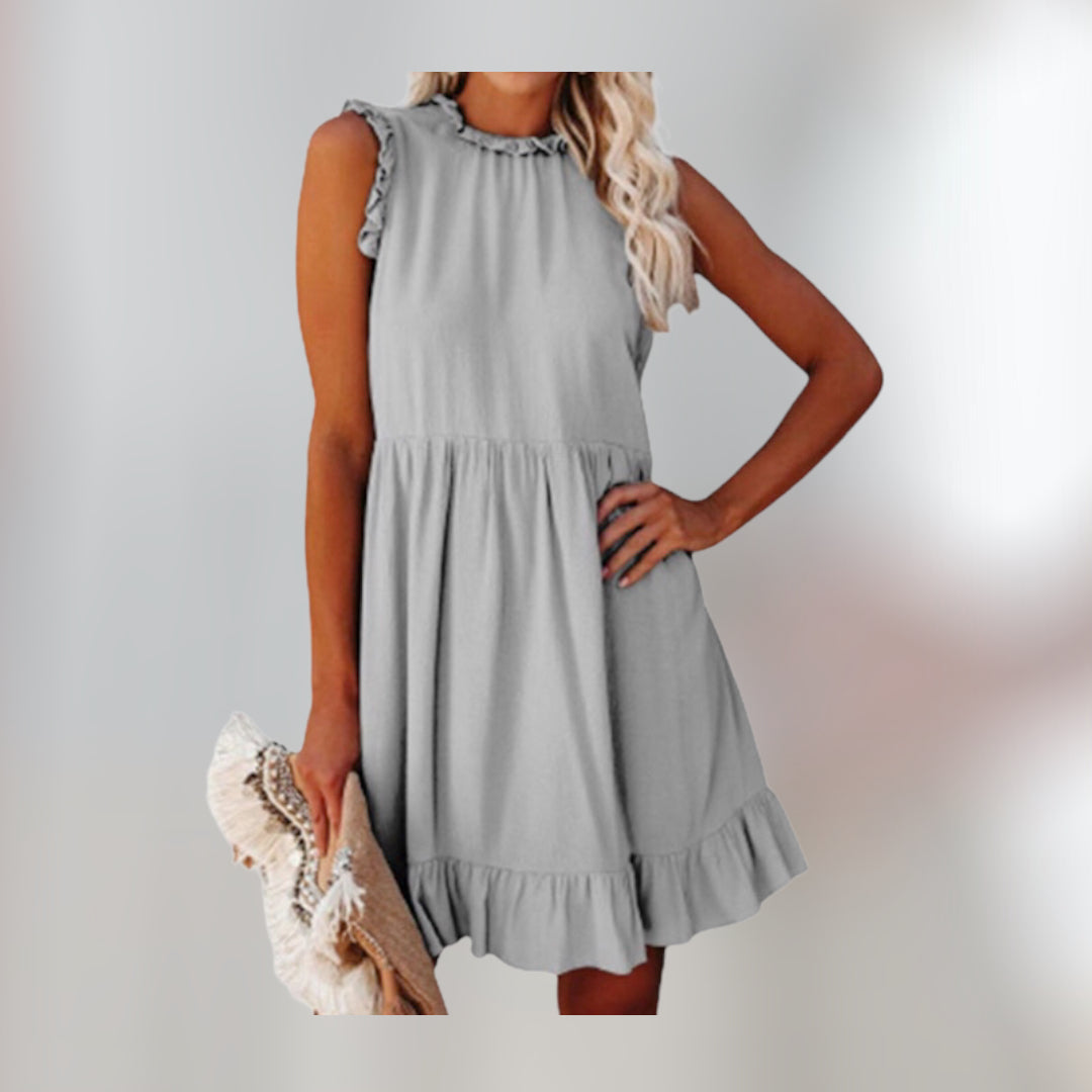 Off Shoulder A-Line Casual Women Ruffles Round Neck Sleeveless Summer Dress .