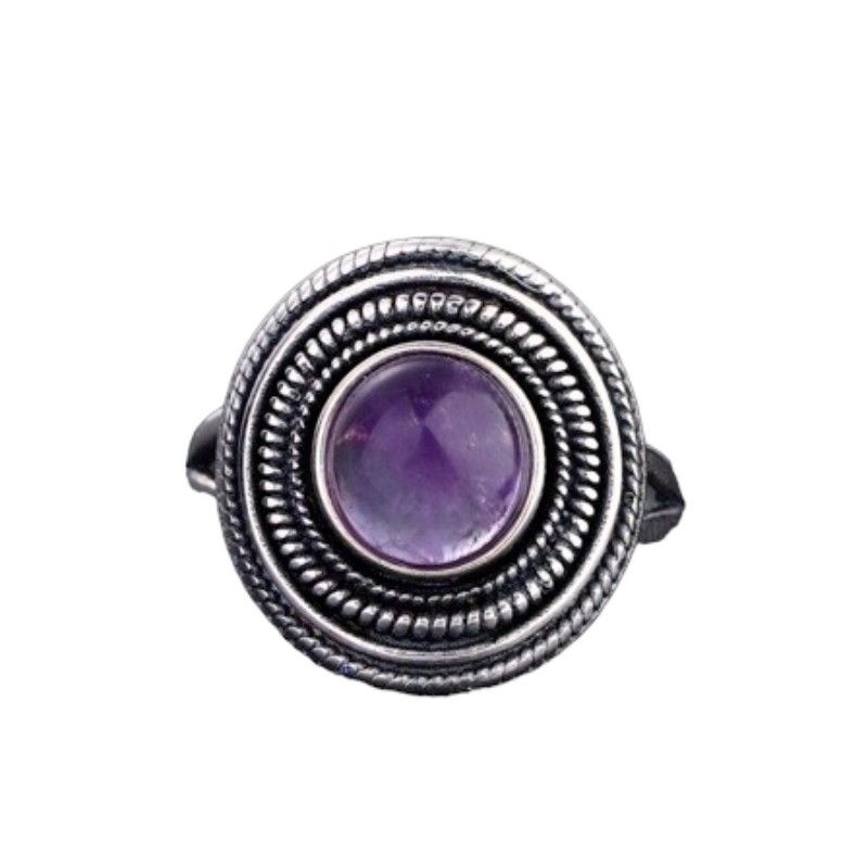 Round 8MM Natural Amethyst Silver Ring for Women