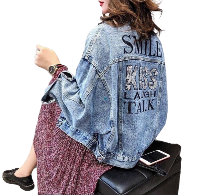 Bat-sleeve Lettering Sequins Loose Denim Jacket