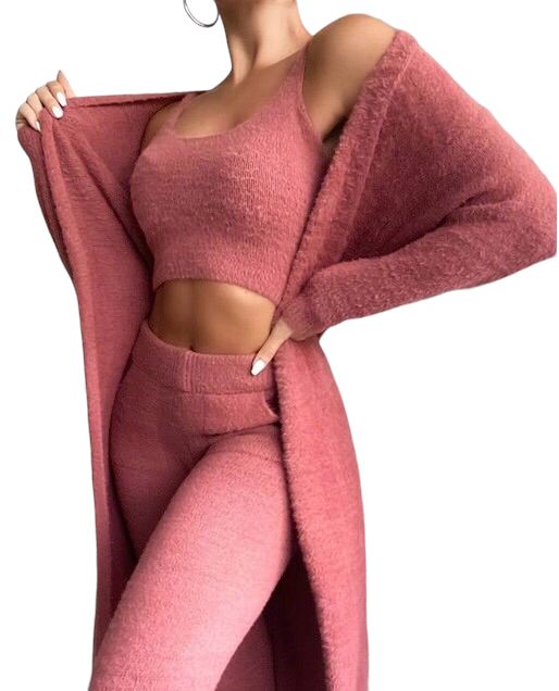 Fluffy Plain Crop Top & Skinny Pants & Longline Coat Set .