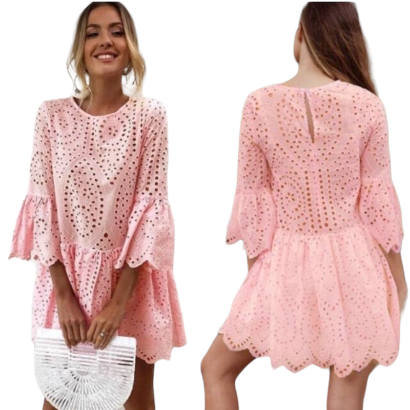 Cropped sleeve ruffled dress.