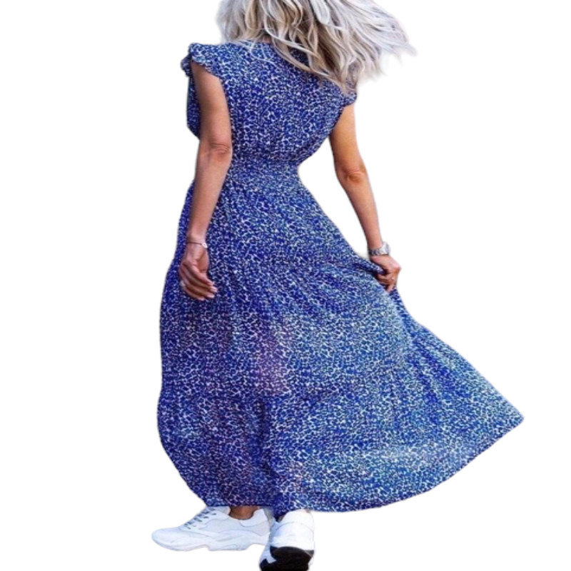 Printed wave point V-neck Ruffle sleeve dress.