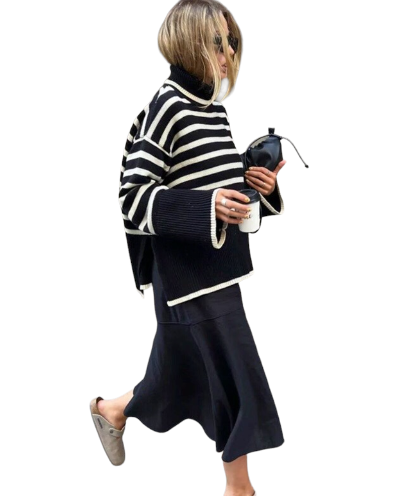 Turtleneck Striped Print Loose Pullover Tops 2023.