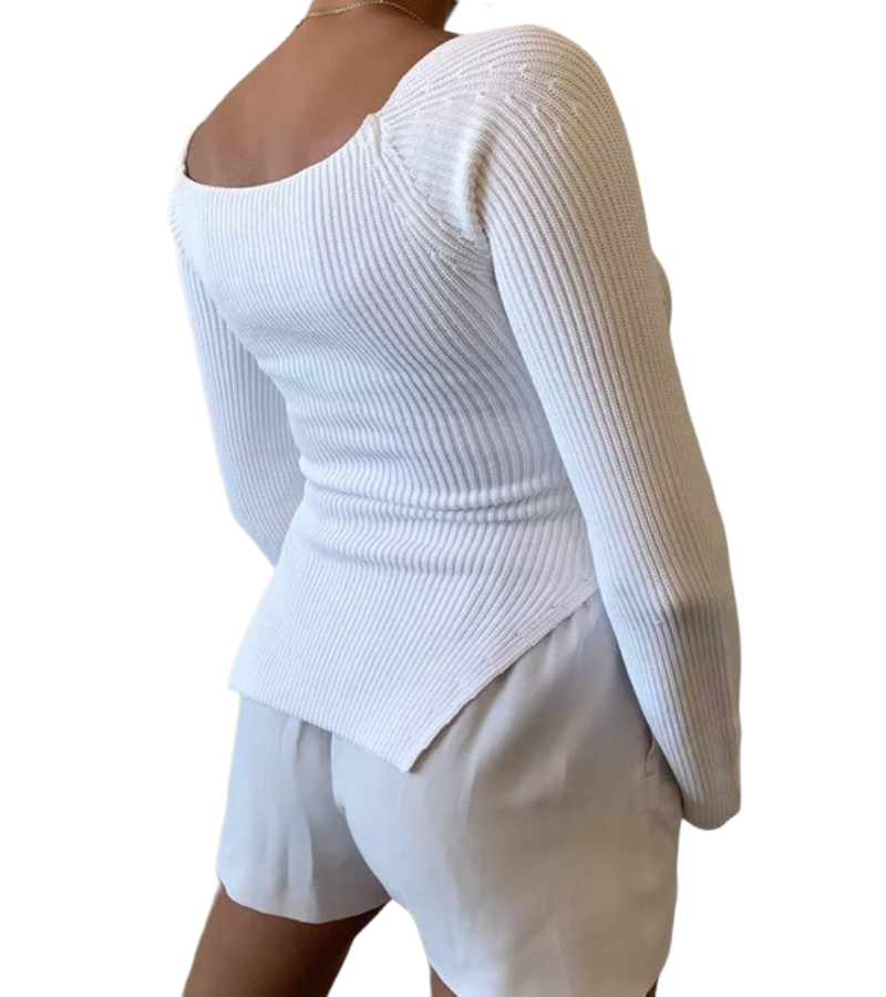 Square Collar Long Sleeve Knitted Pullover .
