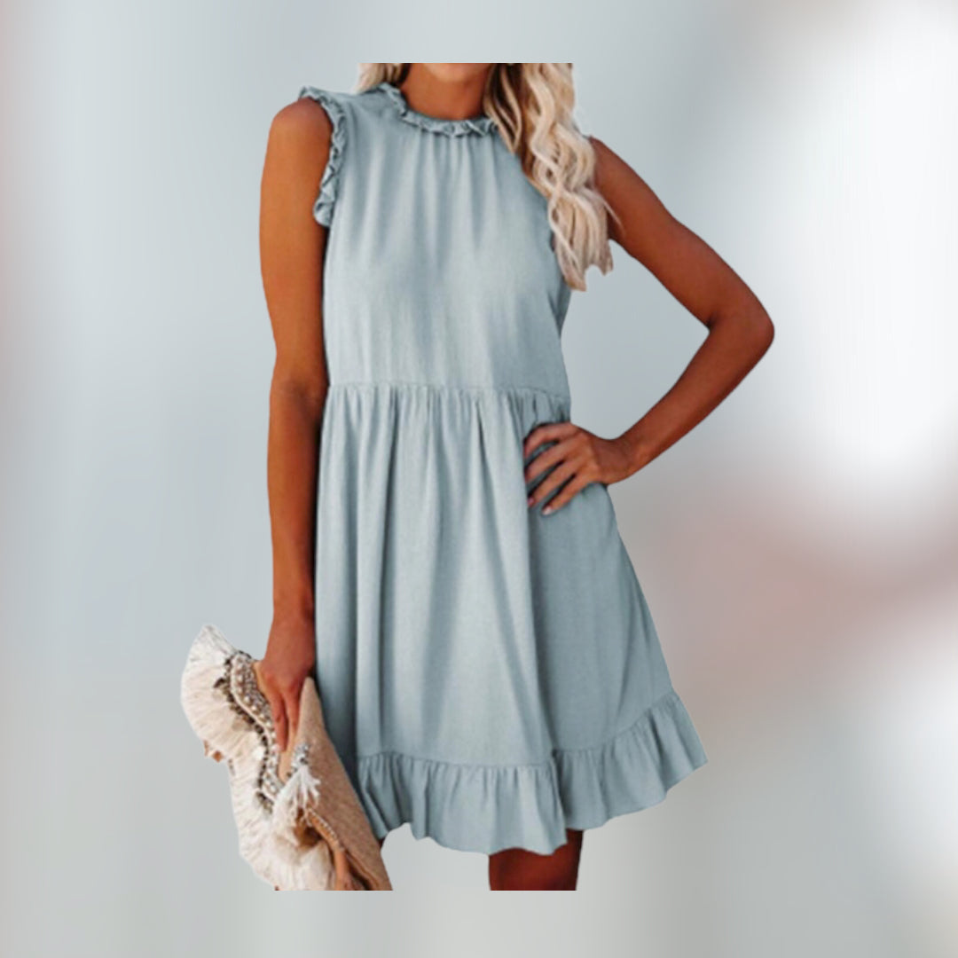 Off Shoulder A-Line Casual Women Ruffles Round Neck Sleeveless Summer Dress .