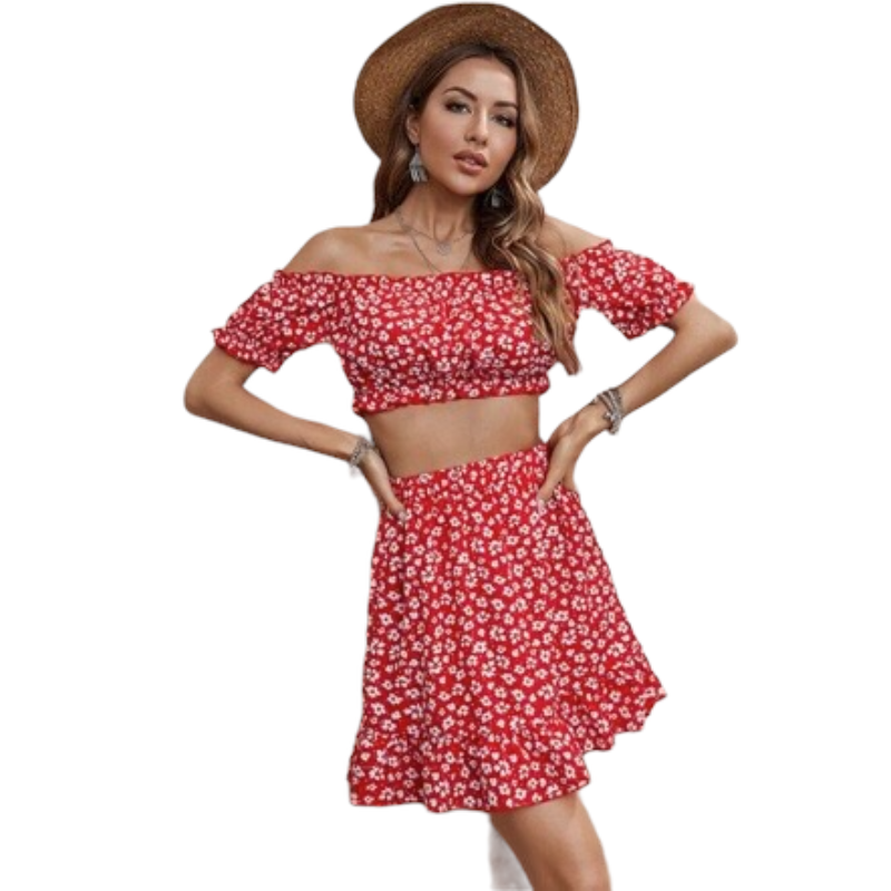Summer Women's Dress Red Floral Print Sets