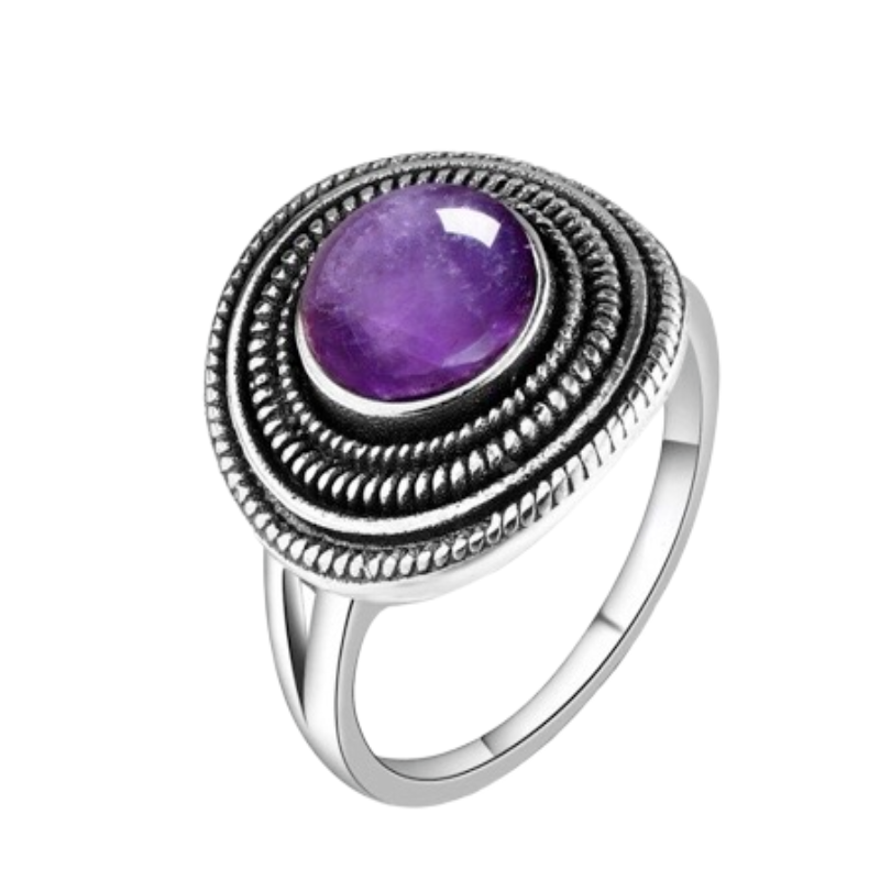 Round 8MM Natural Amethyst Silver Ring for Women