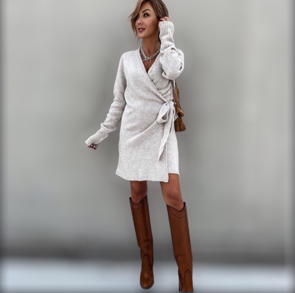 Winter V-neck Slim Belt Sweater Dress