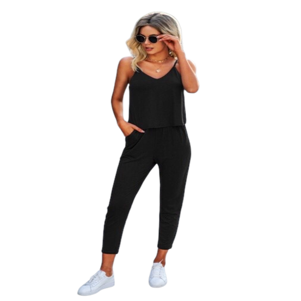 Women's Halter Solid Color Pocket Jumpsuit