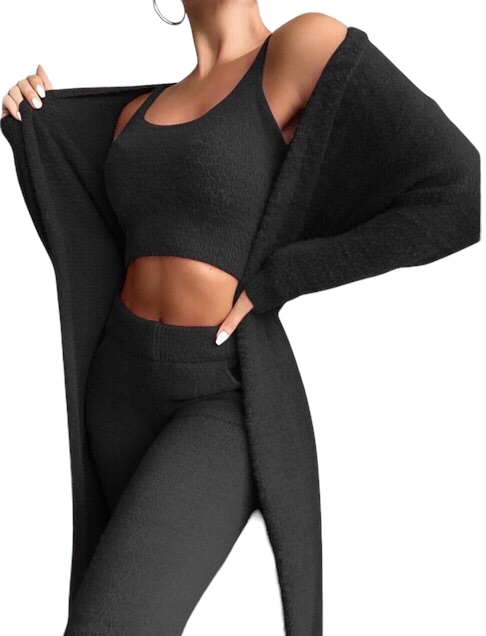 Fluffy Plain Crop Top & Skinny Pants & Longline Coat Set .