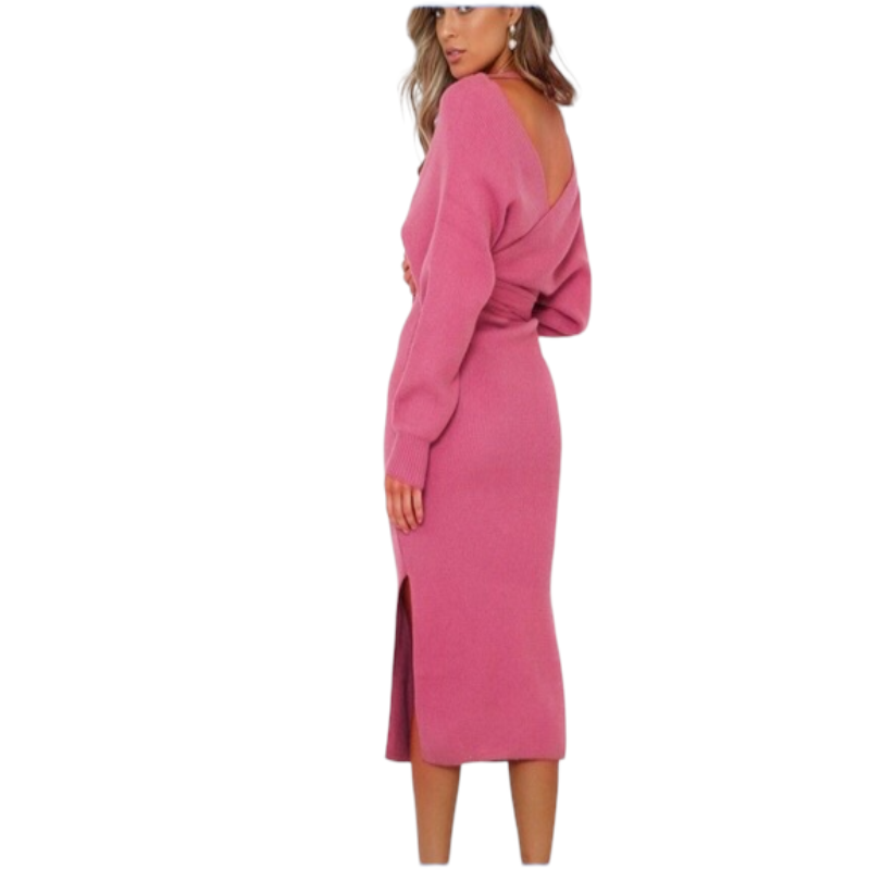 Autumn And Winter Knitted Slim Double V-Neck dress.