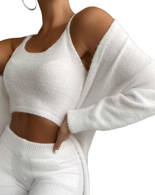 Fluffy Plain Crop Top & Skinny Pants & Longline Coat Set .