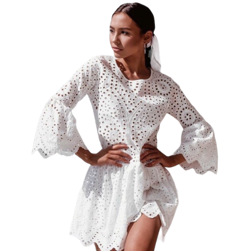 Cropped sleeve ruffled dress.