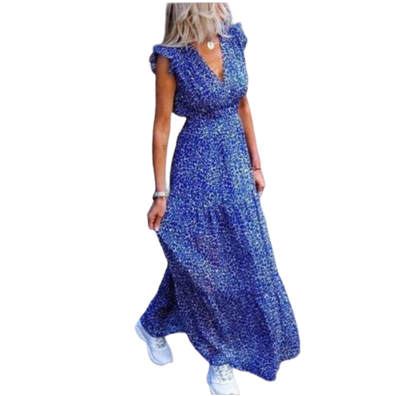Printed wave point V-neck Ruffle sleeve dress.