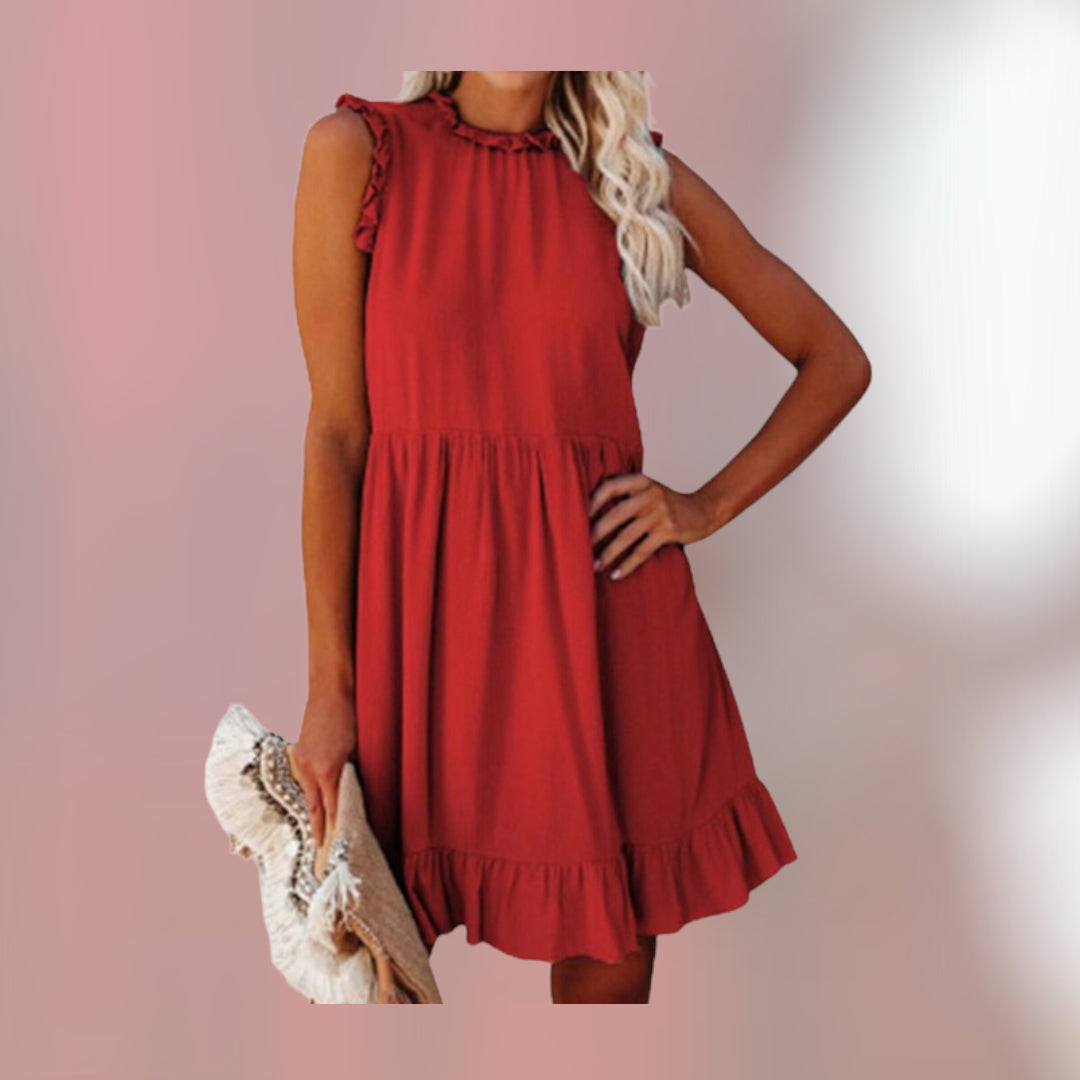 Off Shoulder A-Line Casual Women Ruffles Round Neck Sleeveless Summer Dress .