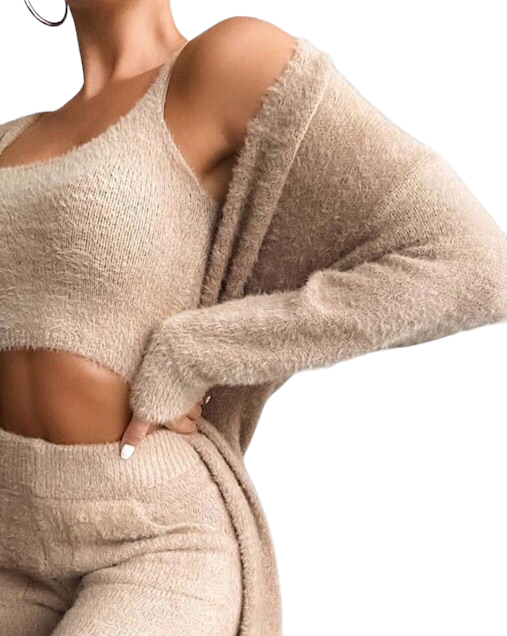 Fluffy Plain Crop Top & Skinny Pants & Longline Coat Set .