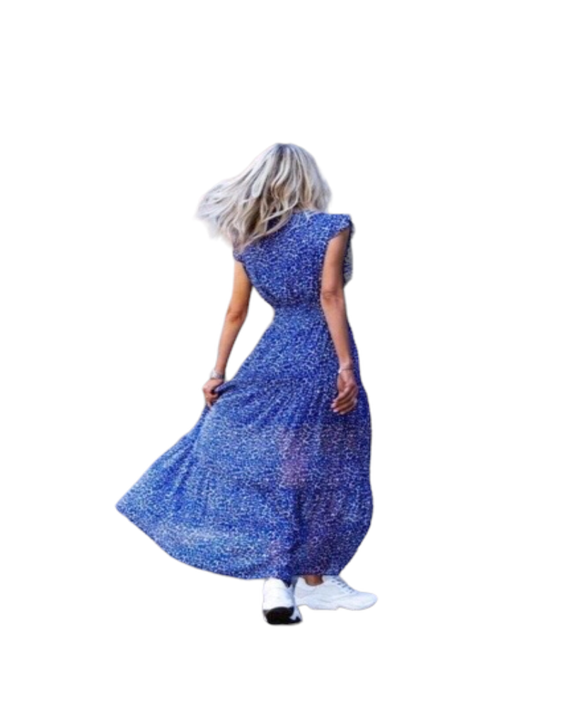 Printed wave point V-neck Ruffle sleeve dress.