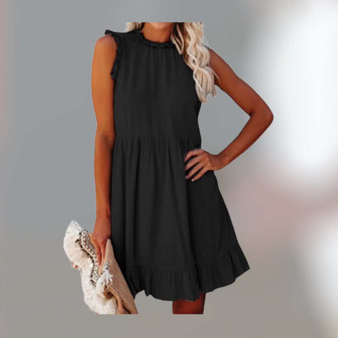 Off Shoulder A-Line Casual Women Ruffles Round Neck Sleeveless Summer Dress .