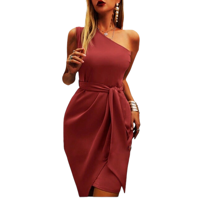 American Solid Color Sleeveless Oblique Shoulder dress